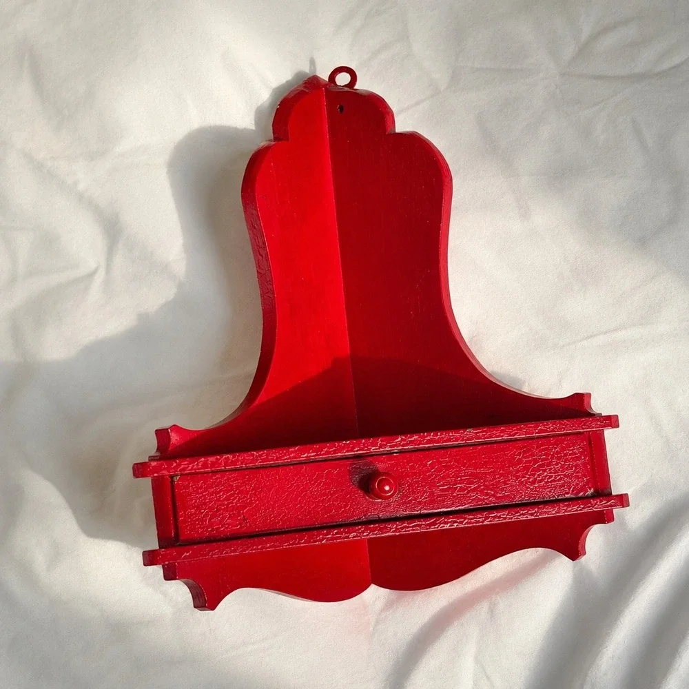Vintage Red Crackle Wood Corner Shelf with Drawer Wall Hanging Scalloped